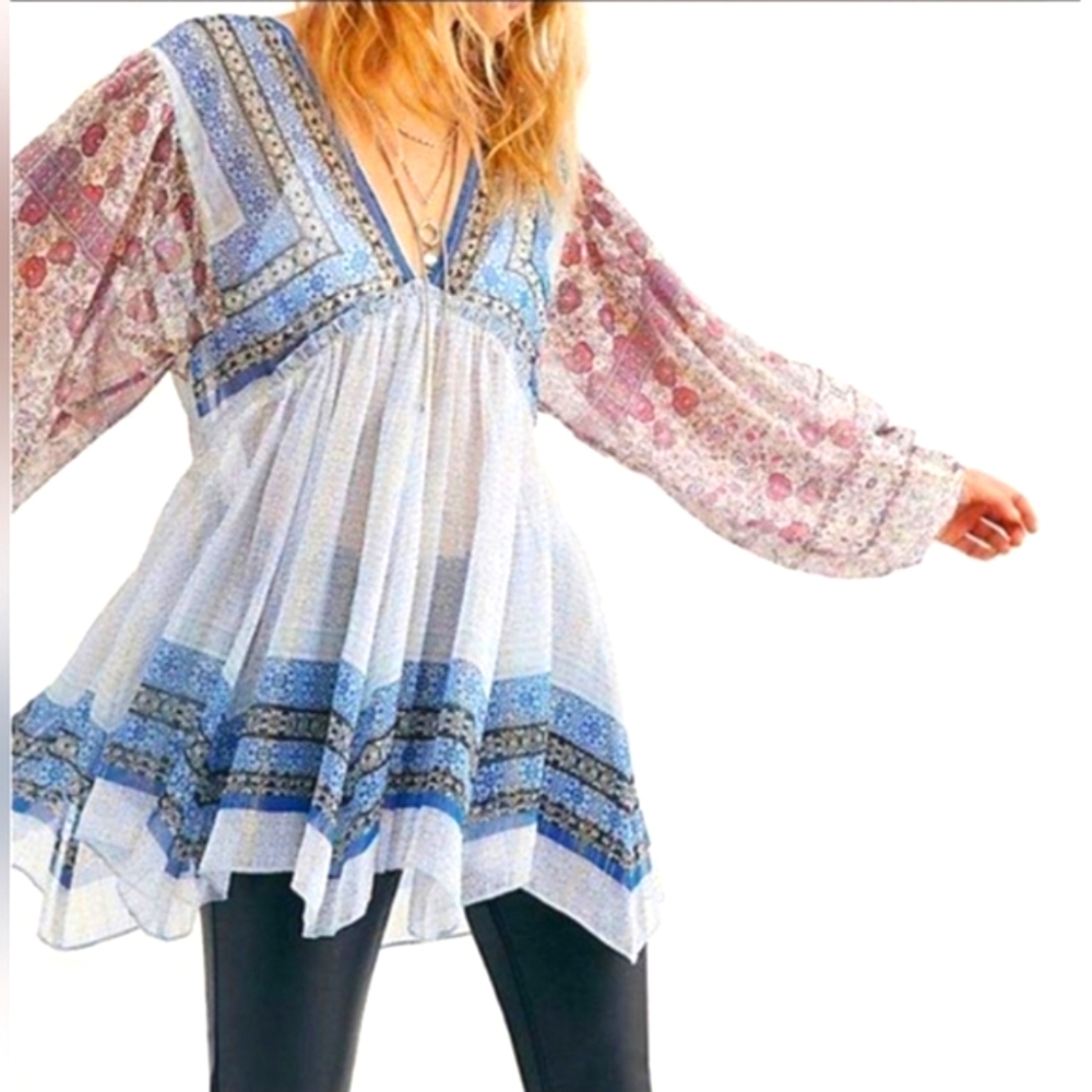 NWT Free People Baby Doll Aliyah Printed Tunic Fairy Core Patchwork  Sz XS
